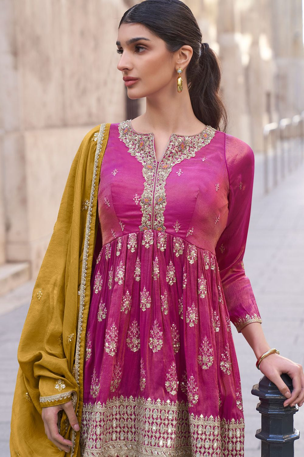 Rani Pink Embroidered Shimmer Designer Sarara Kameez